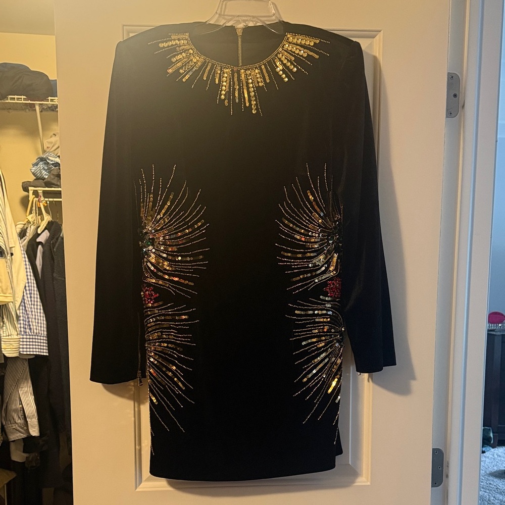 Stunning Black and Gold Embellished Long Sleeve Dress